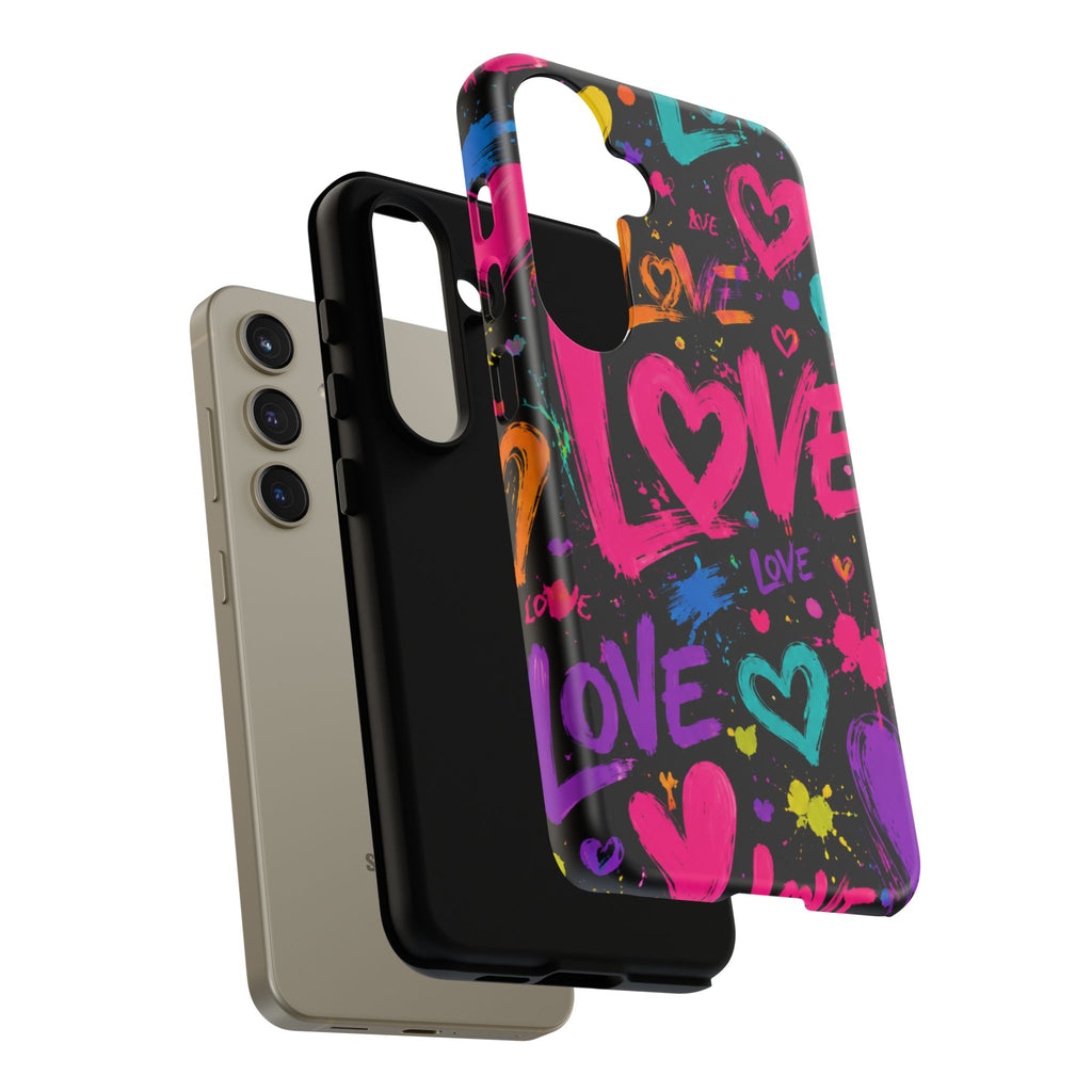 Phone Case — Neon Graffiti "Love" Hearts Protective Tough Case
