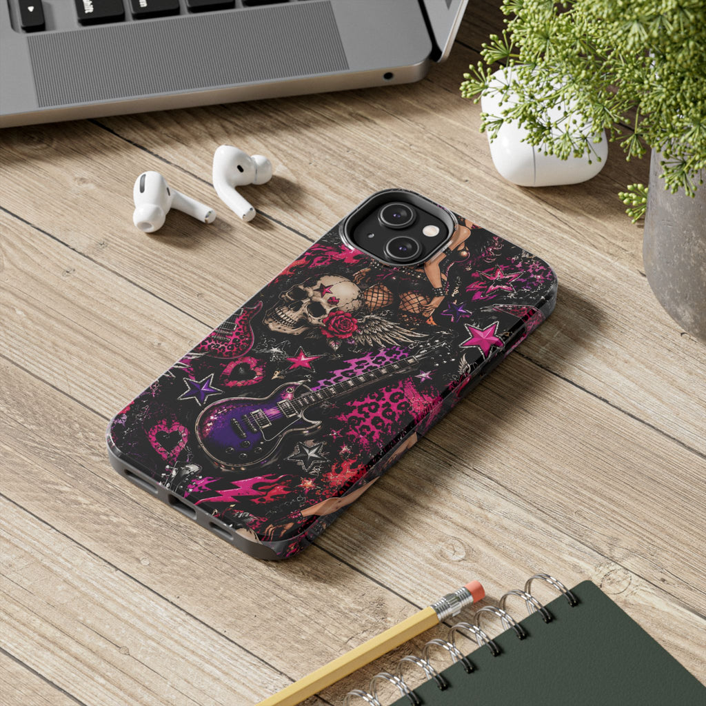 Rock Skull Guitar Phone Case — Edgy Pink Skull & Roses Tough Phone Case
