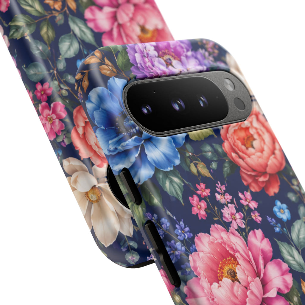 Floral Tough Phone Case – Vibrant Garden Flowers on Navy