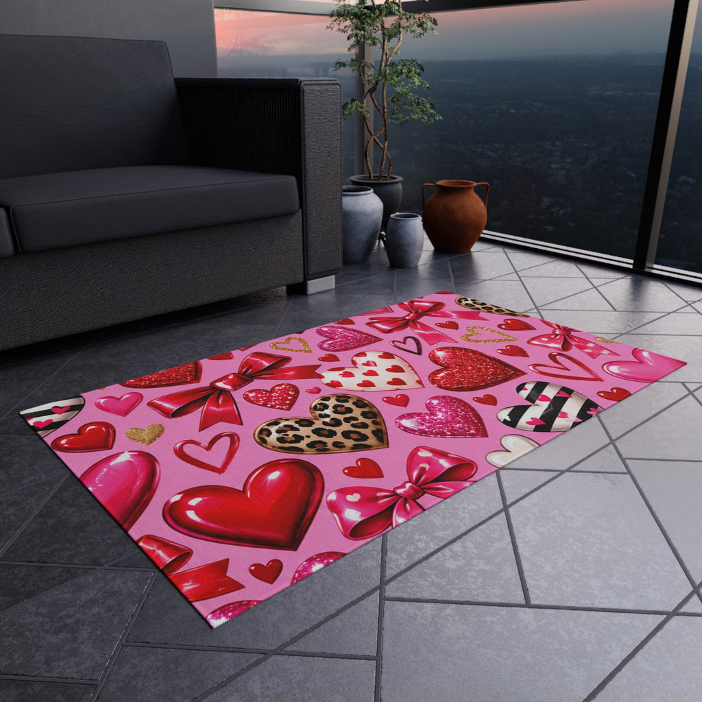 Valentine Heart Pattern Outdoor Rug - Pink Hearts & Bows Patio Mat