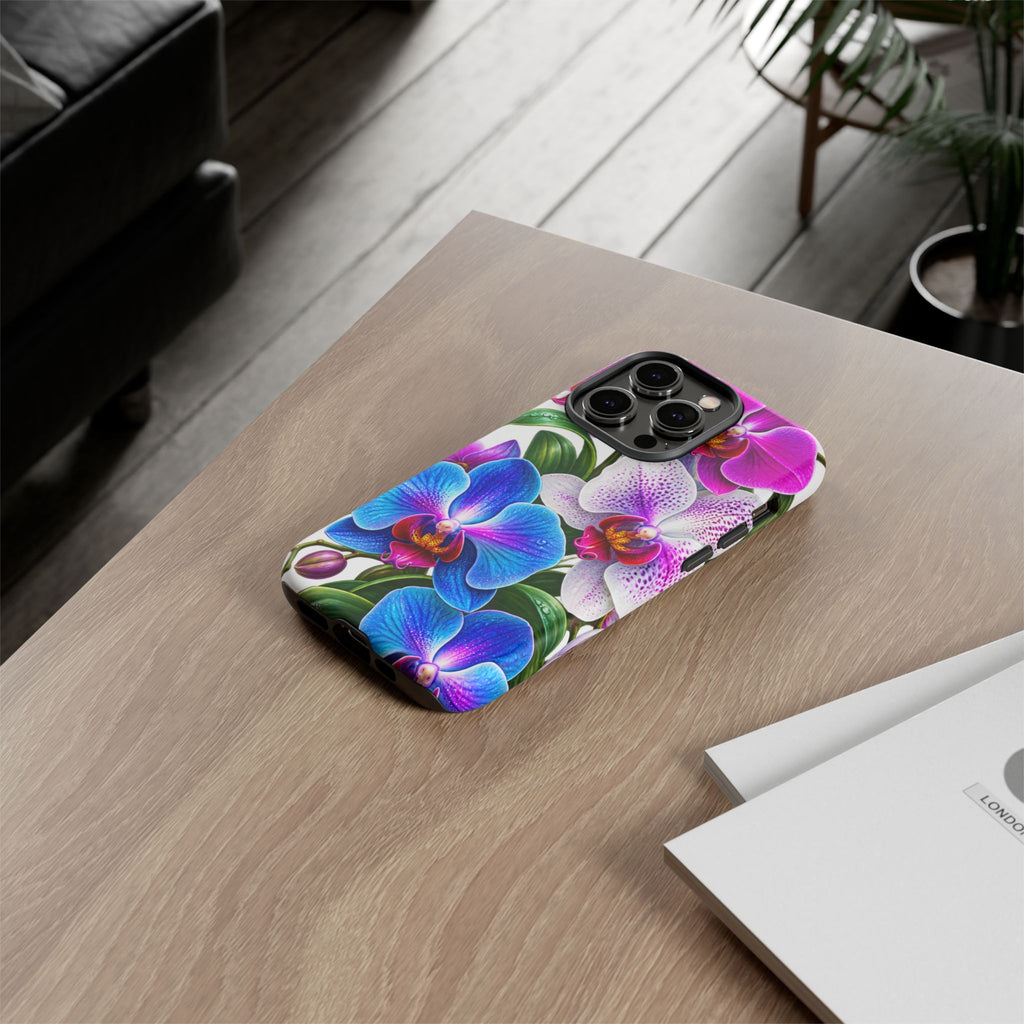 Orchid Floral Tough Phone Case – Vibrant Blue & Pink Orchid Protective Cover