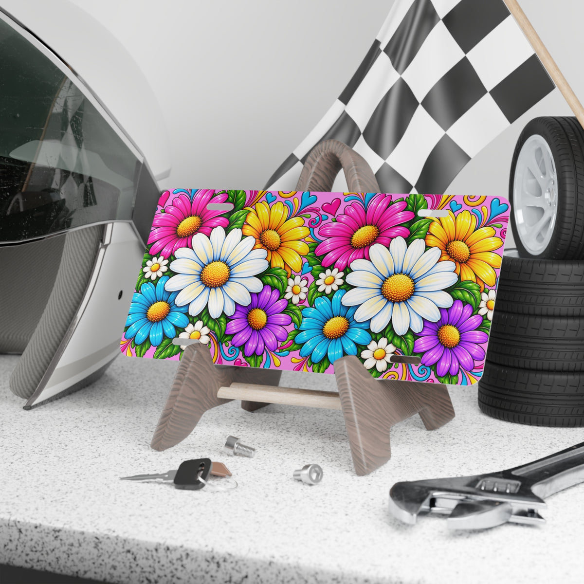 Colorful Daisy Floral Vanity Plate — Bright Retro Flower License Plate