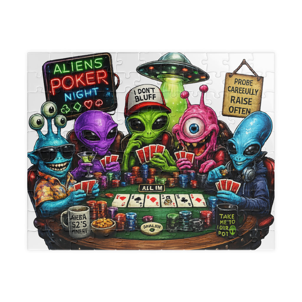 Aliens Poker Night Puzzle | Card Game Alien Illustration Jigsaw
