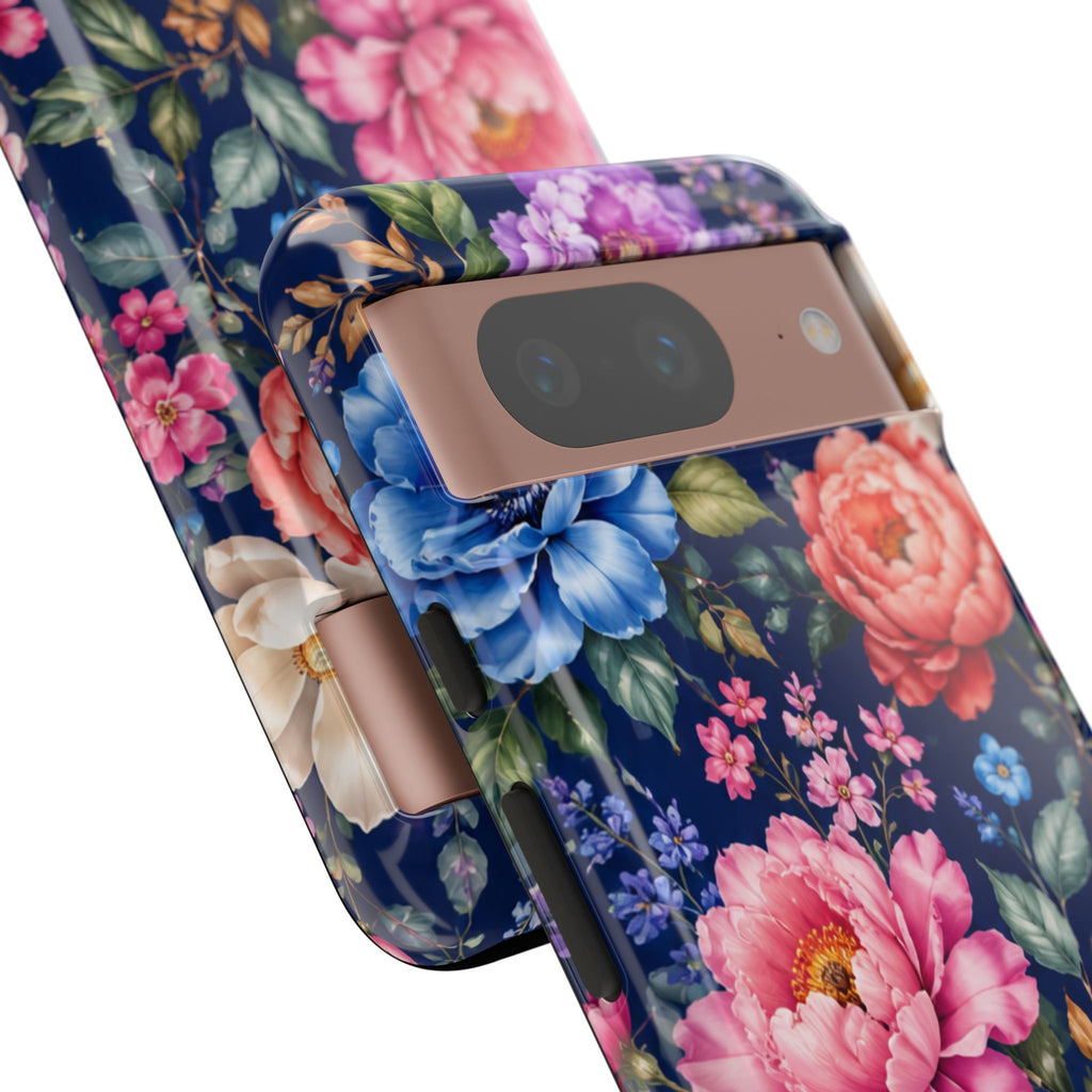 Floral Tough Phone Case – Vibrant Garden Flowers on Navy