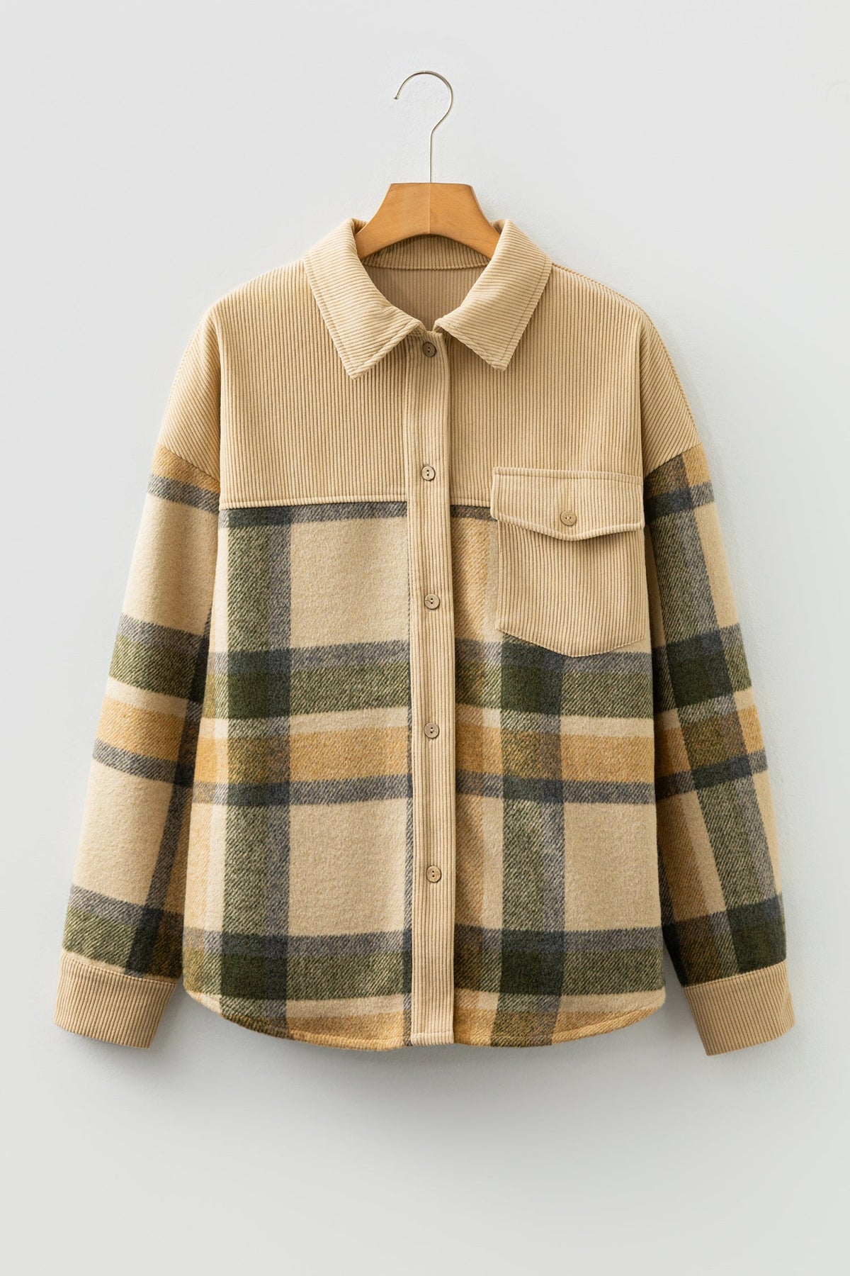 Plaid Corduroy Patchwork Chest Pocket Shacket