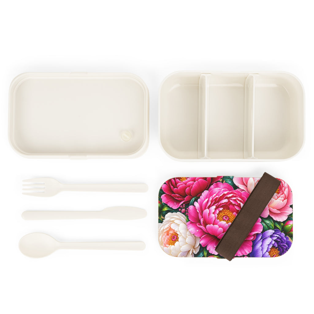 Floral Peony Bento Lunch Box — Compact Japanese-Style Lunchbox with Colorful Peony Design