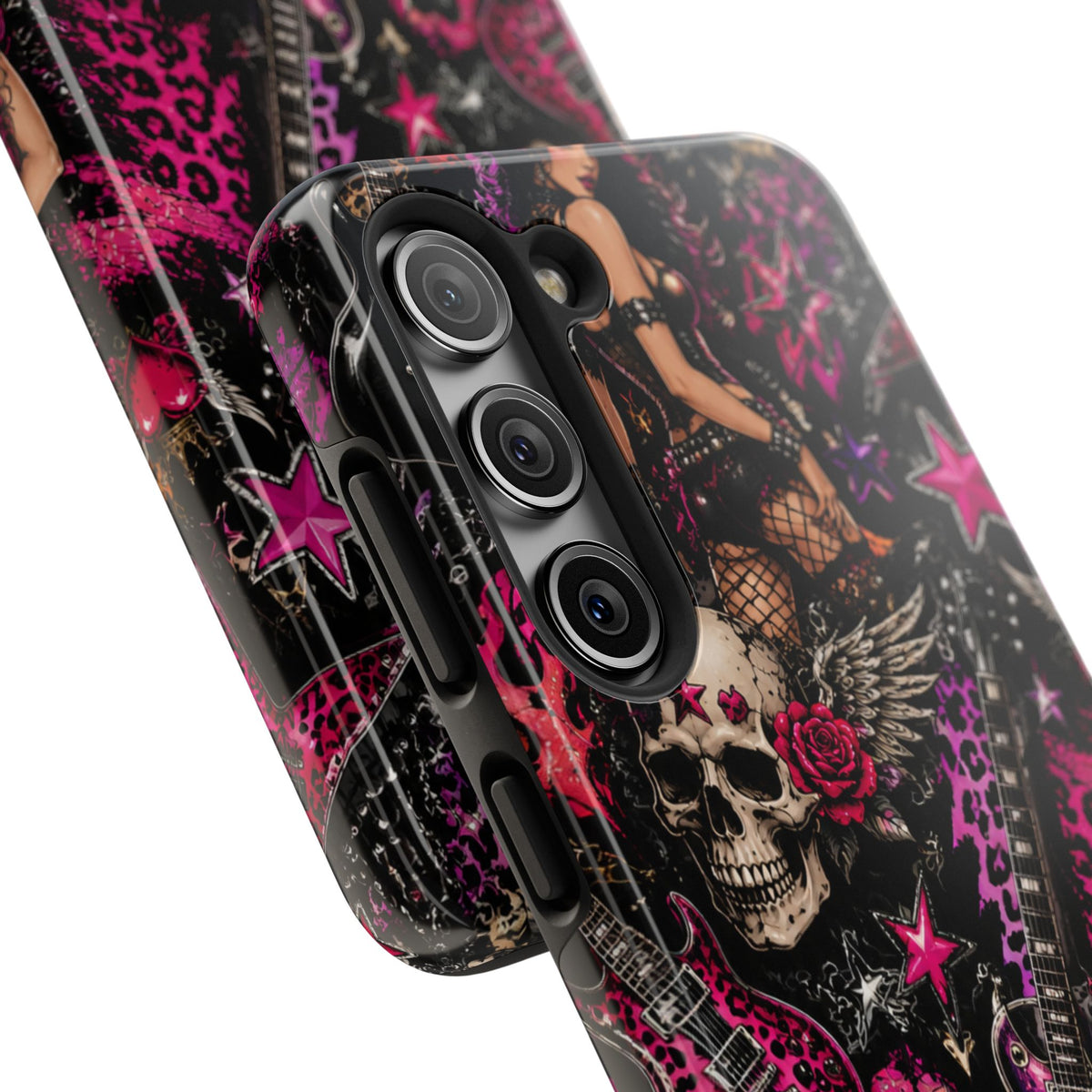 Rock Skull Guitar Phone Case — Edgy Pink Skull & Roses Tough Phone Case