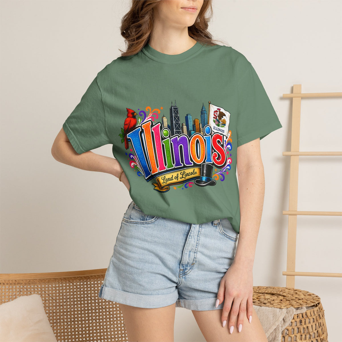 Illinois state skyline tee | Illinois T-shirt with cardinal and state flag