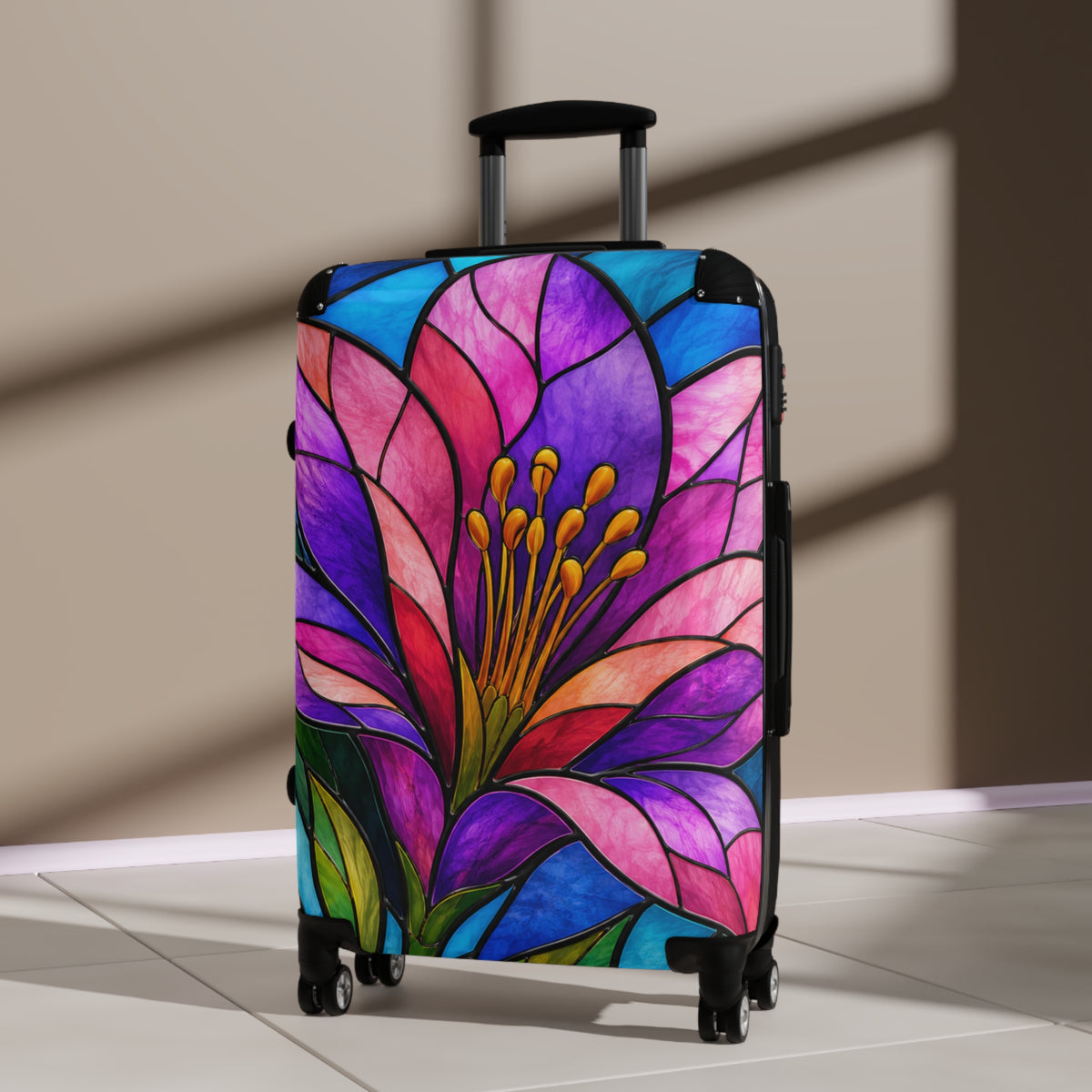 Floral Stained Glass Carry-On Suitcase — Vibrant Pink & Purple Travel Luggage