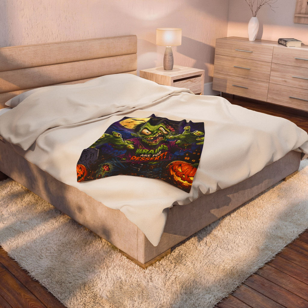 Zombie Plush Blanket – "Brains Are For Dessert!" Halloween Velveteen Throw