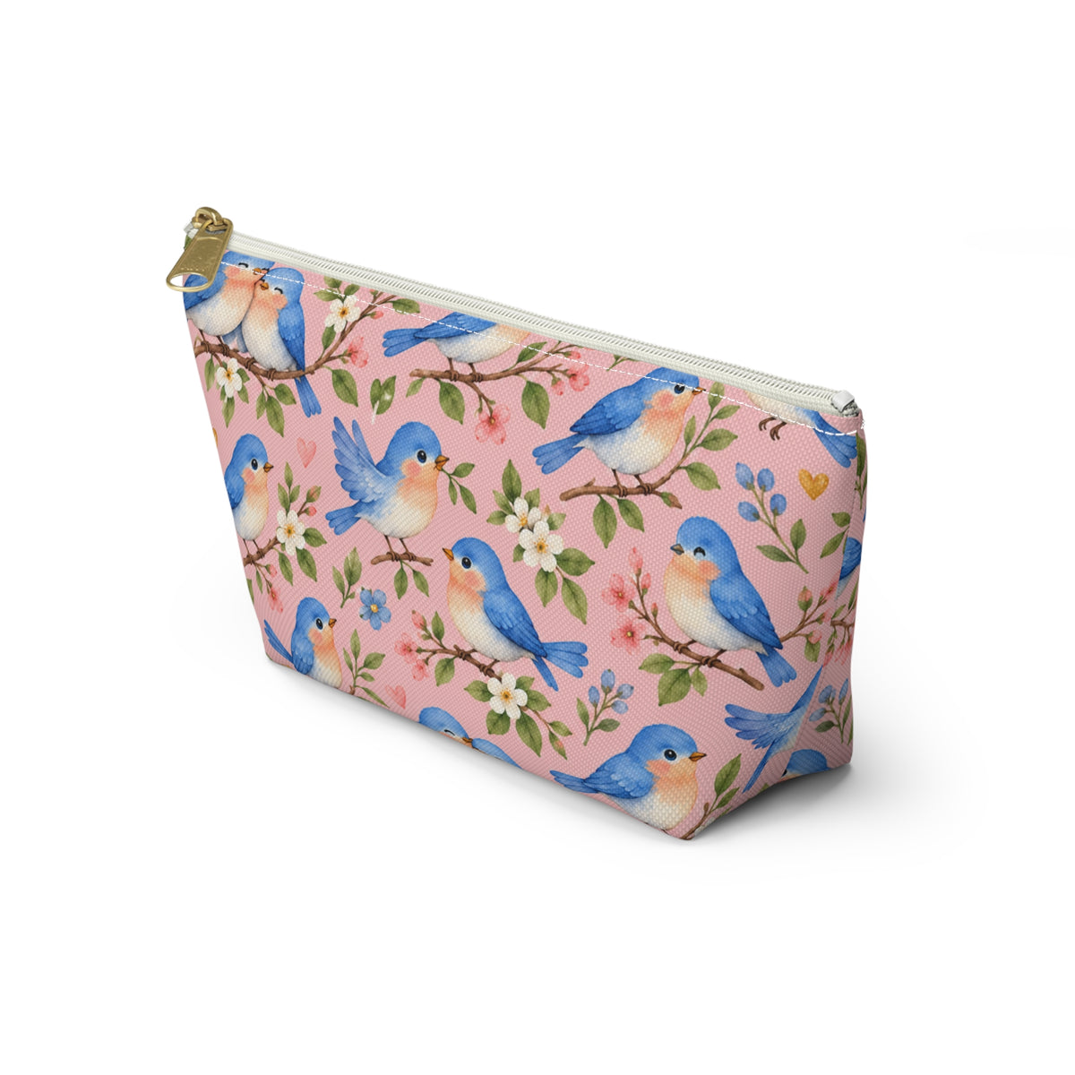 Bluebird Pattern Accessory Pouch | Pink Floral Zip Pouch