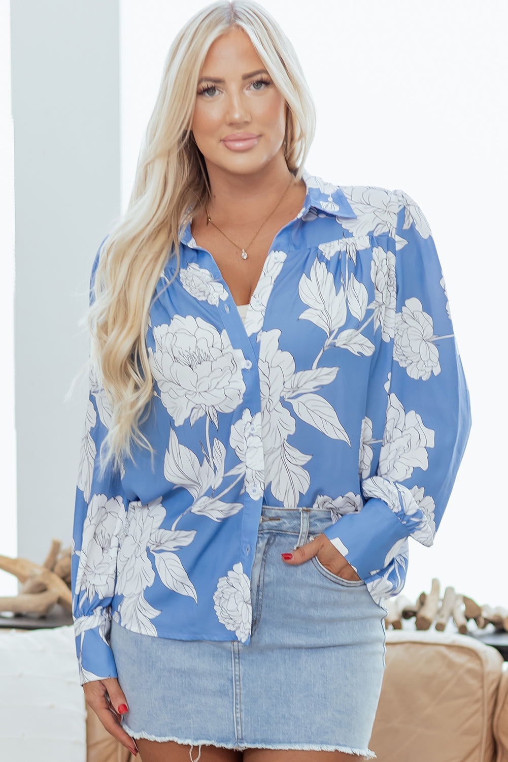 Floral Button-Up Pleated Puff Sleeve Shirt