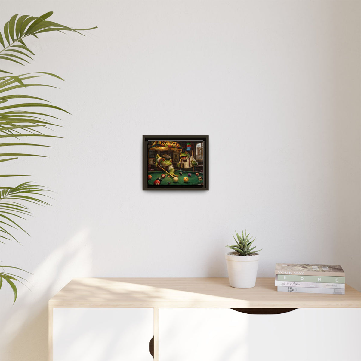 Frogs Playing Pool Matte Canvas Framed