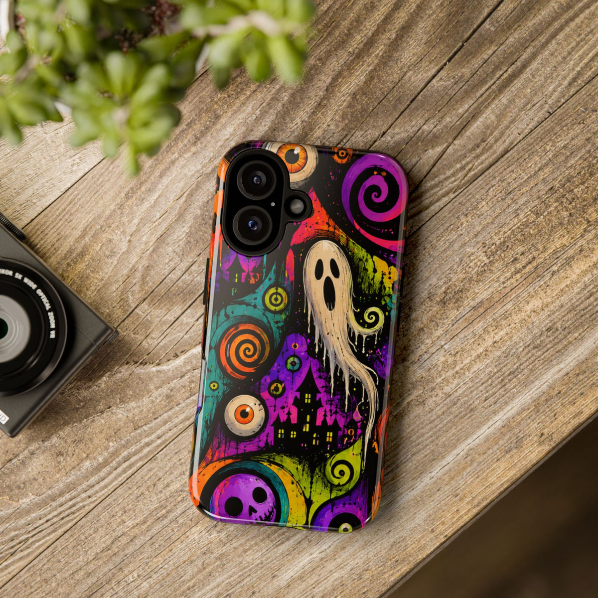 Halloween Ghost Phone Case — Colorful Spooky Skull & Haunted House Tough Case