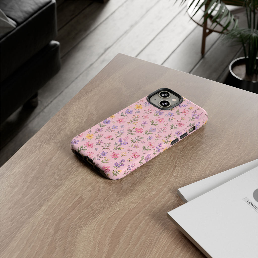 Floral Pink Tough Phone Case — Pastel Wildflower Protective Case