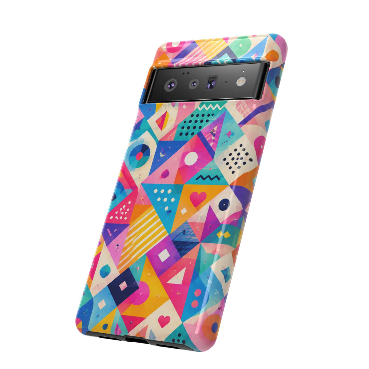Colorful Geometric Tough Phone Case — Bright Abstract Heart & Triangle Pattern