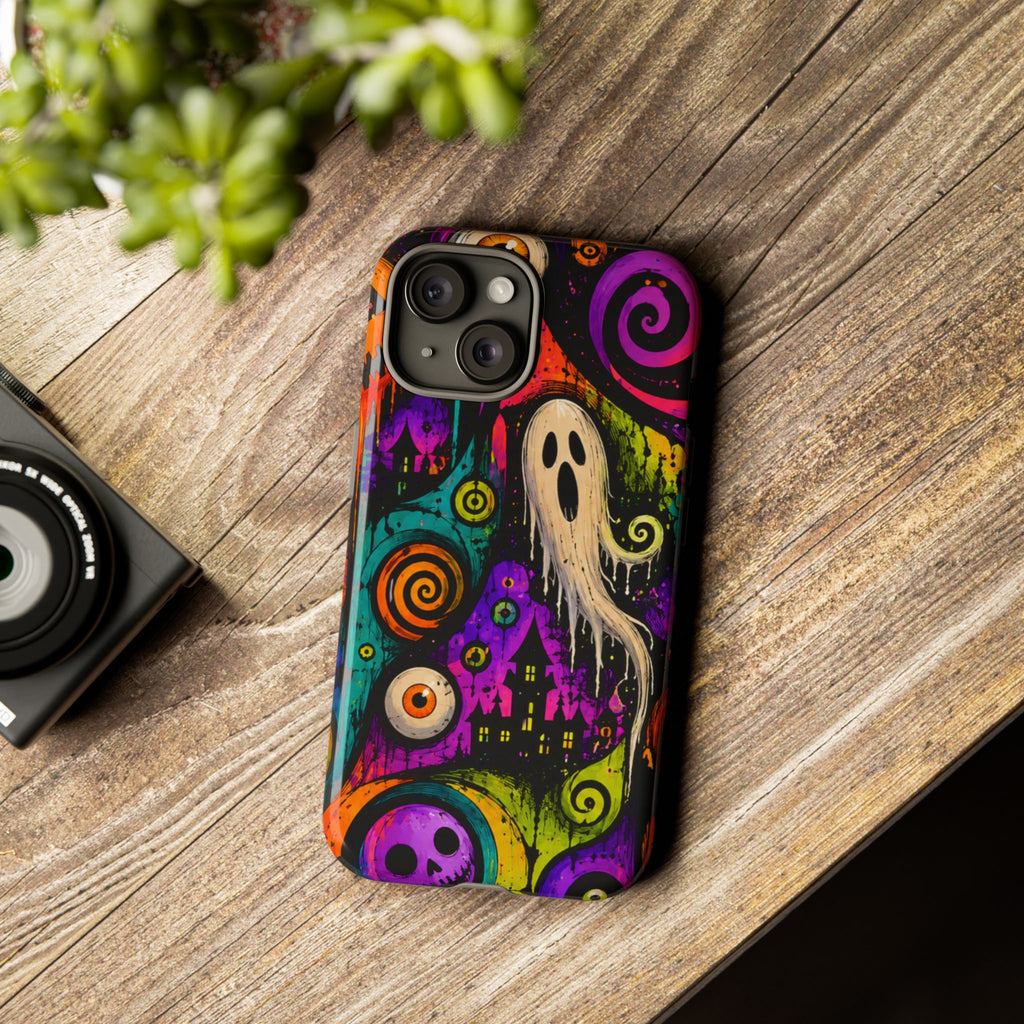 Halloween Ghost Phone Case — Colorful Spooky Skull & Haunted House Tough Case