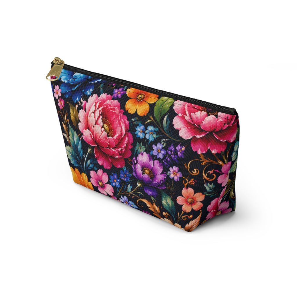 Floral Accessory Pouch — Vibrant Garden Makeup Bag with T-Bottom