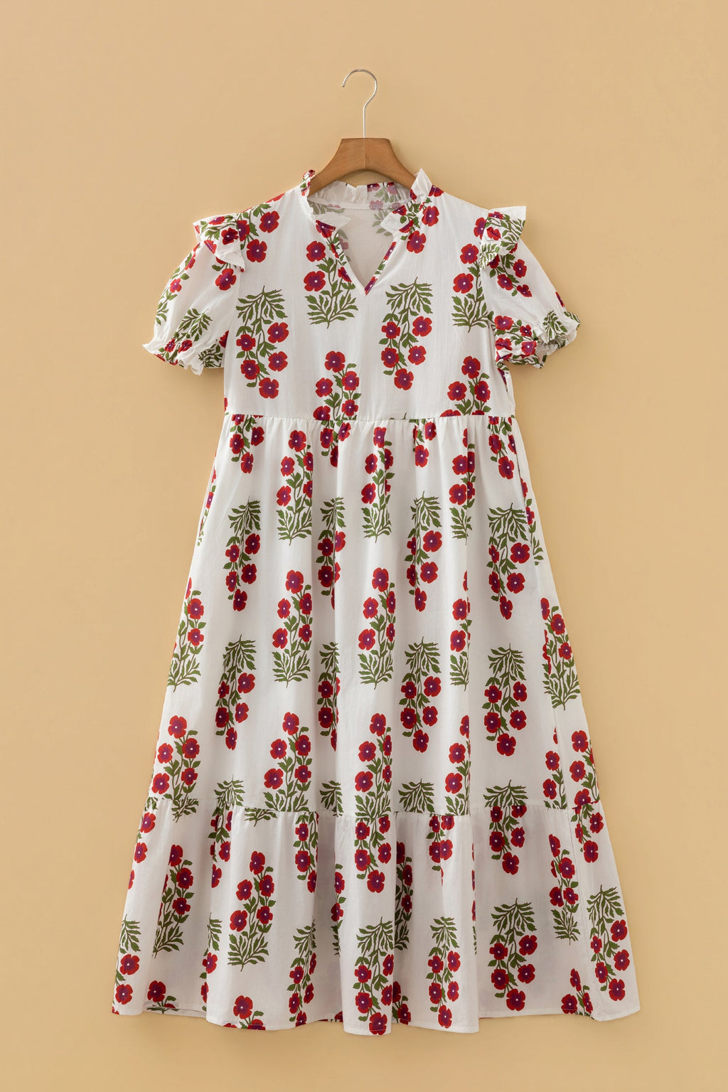 Floral Bubble Sleeve Tiered Maxi Dress