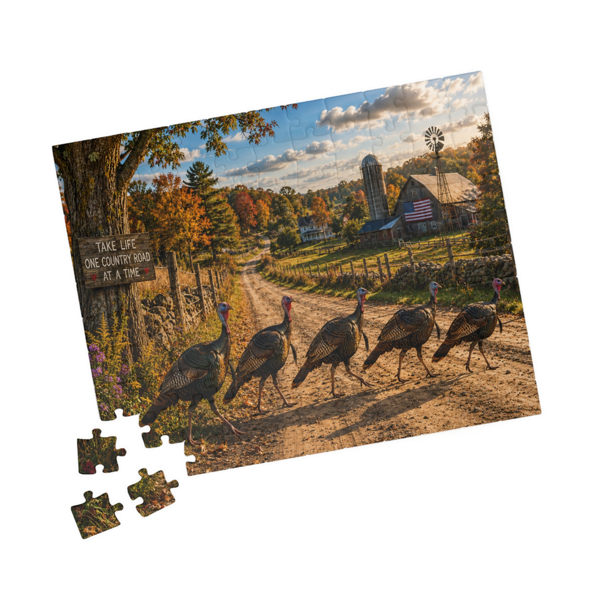 Country Road Turkeys Jigsaw Puzzle — Rustic Farmhouse Scene (110/252/520/1014 pcs)