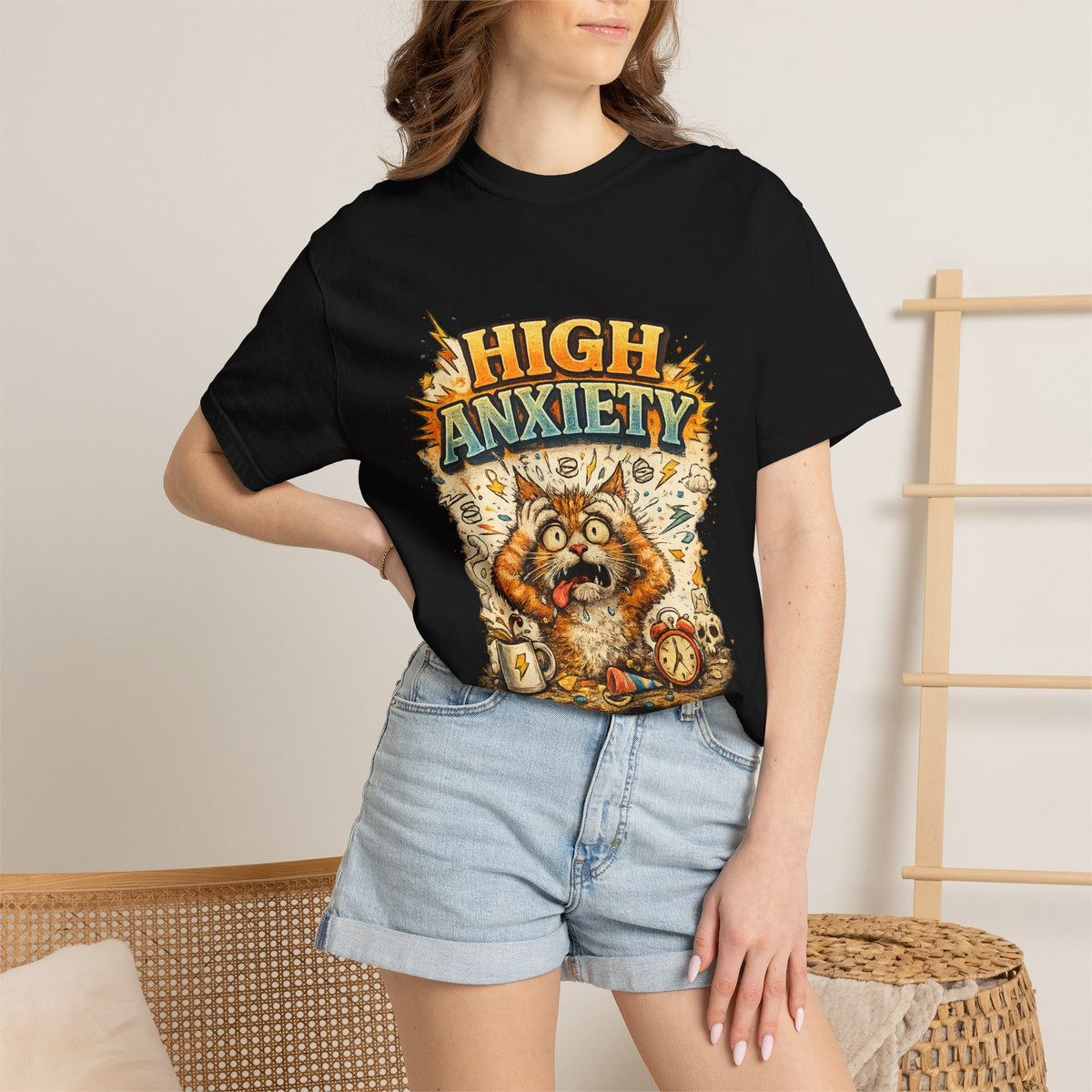 High Anxiety Cat Illustration T-shirt | Nervous Kitty Graphic Tee