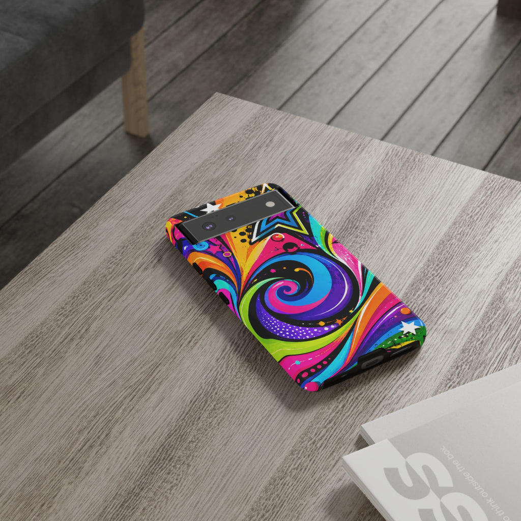 Psychedelic Swirl Phone Case — Bold Retro Stars & Neon Pop Art Tough Case