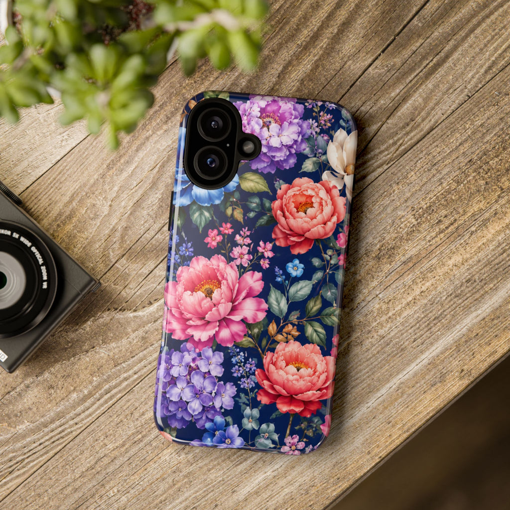 Floral Tough Phone Case – Vibrant Garden Flowers on Navy