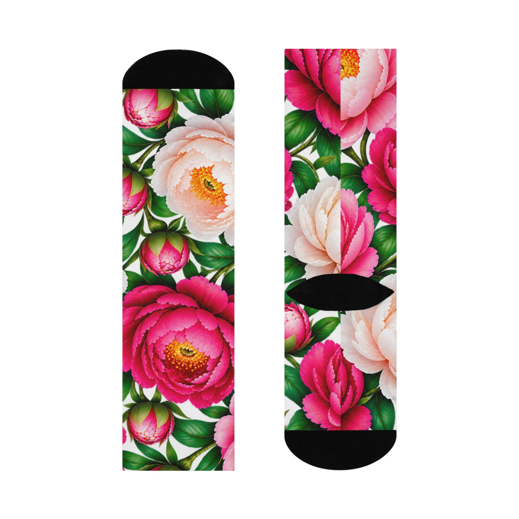 Floral Peony Crew Socks — Cushioned Pink & White Bloom Socks