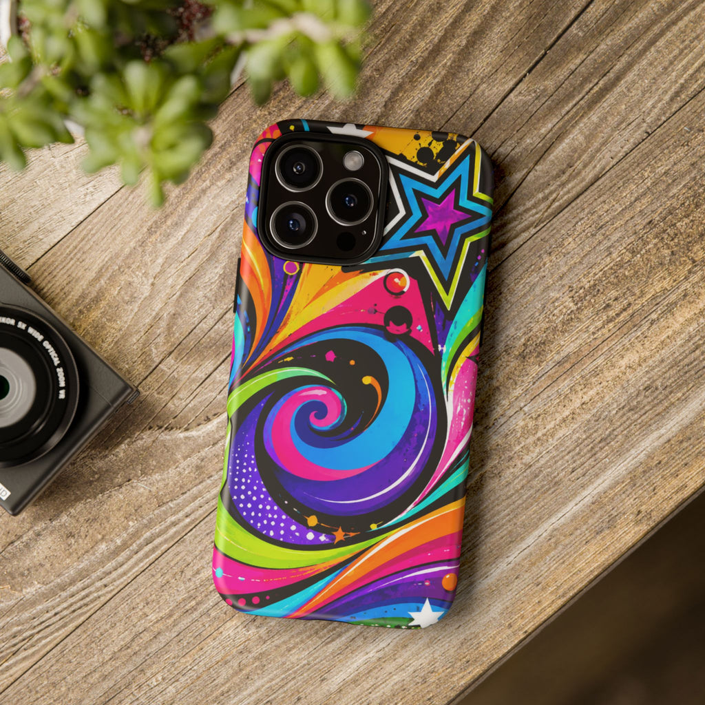 Psychedelic Swirl Phone Case — Bold Retro Stars & Neon Pop Art Tough Case