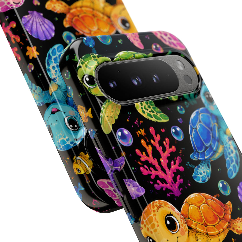 Phone Case — Colorful Cute Sea Turtles on Black (Protective Smartphone Cover)