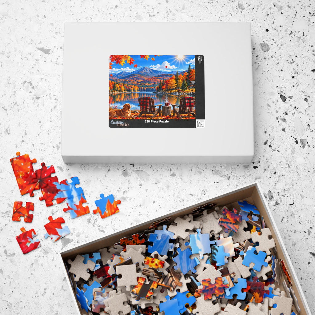 Autumn Lakeview Jigsaw Puzzle — Mountain Cabin Fall Scenery (110–1014 pcs)