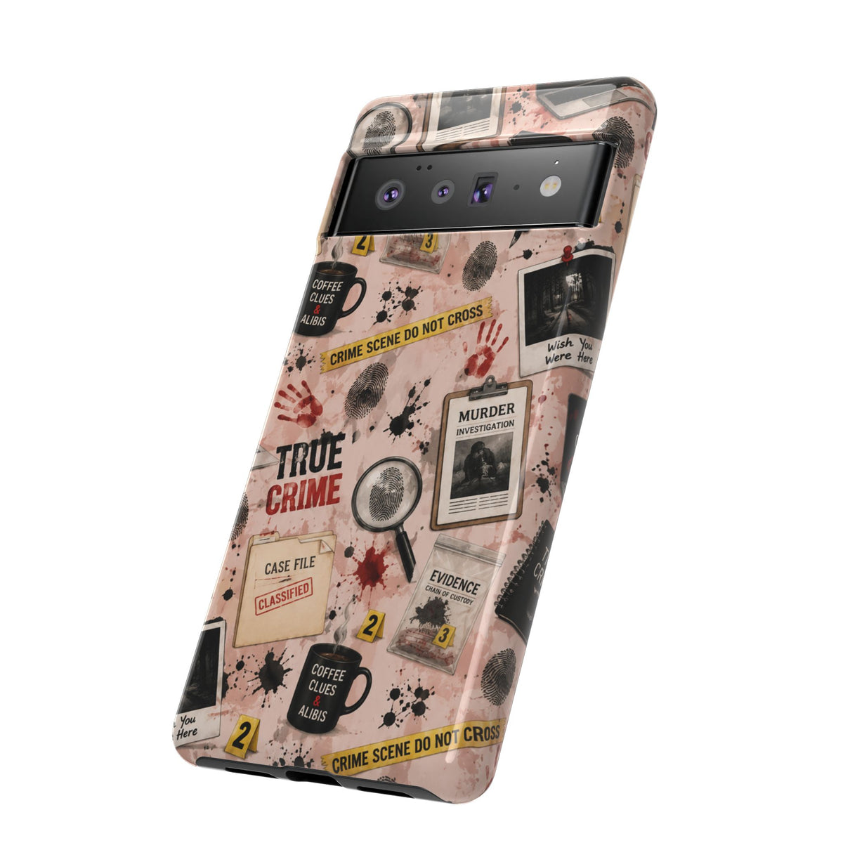 True Crime Pattern Phone Case – Detective Evidence, Crime Scene Tape & 'True Crime' Design