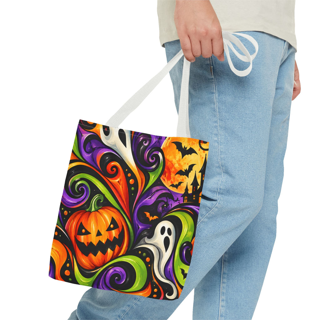 Halloween Swirl Tote Bag — Colorful Pumpkin & Ghost Trick-or-Treat Tote