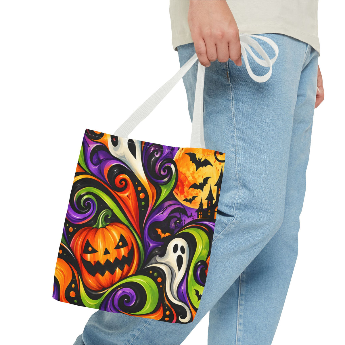 Halloween Swirl Tote Bag — Colorful Pumpkin & Ghost Trick-or-Treat Tote