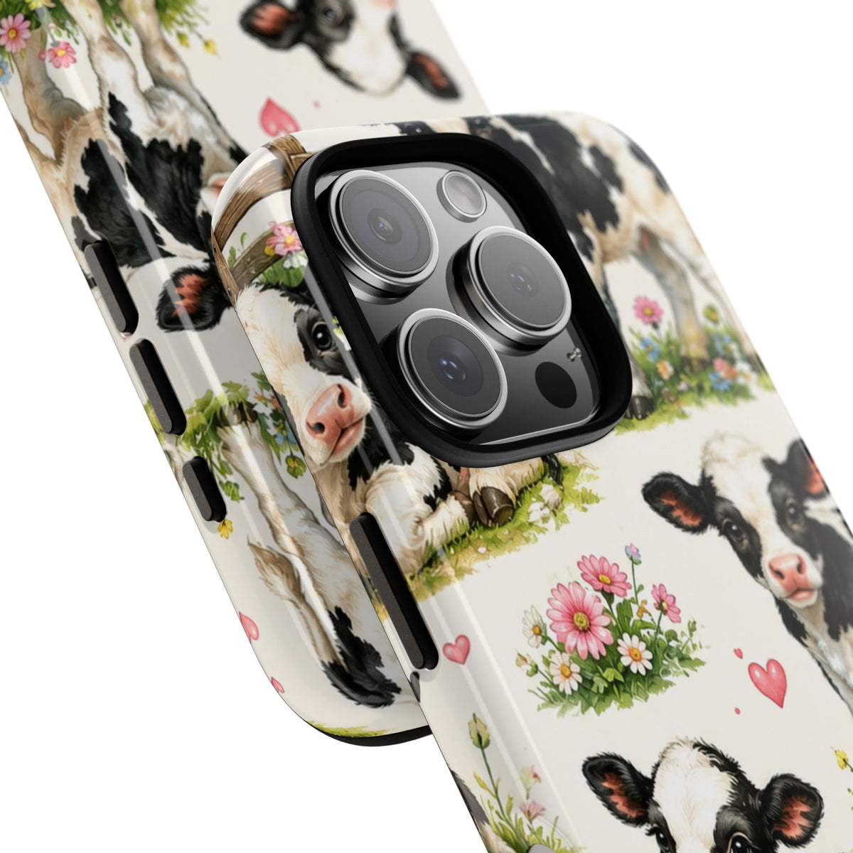 Cute Calf Pattern Phone Case – Pastel Cow Hearts & Flowers Protective Cover