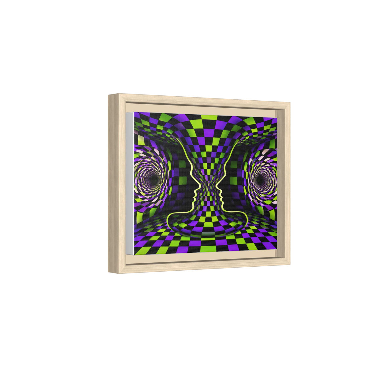 Framed Psychedelic Illusion Art Print — Abstract Checkerboard Faces (Purple & Green)