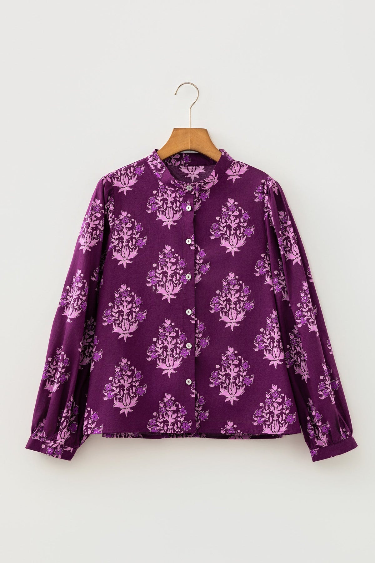 Floral Button Front Long Puff Sleeve Blouse
