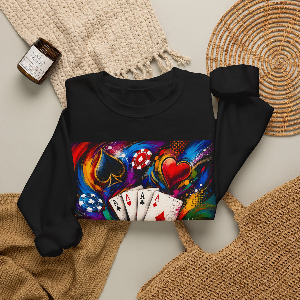 Poker Aces Crewneck Sweatshirt — Colorful Casino Cards & Chips Design