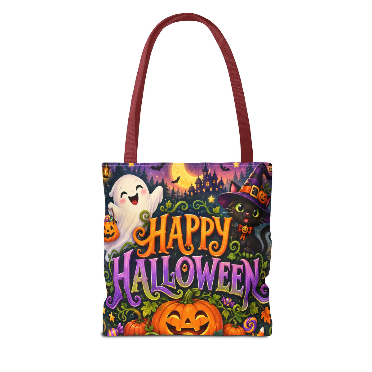 Halloween Tote Bag — Cute Ghost, Black Cat & Pumpkin Trick-or-Treat Candy Bag