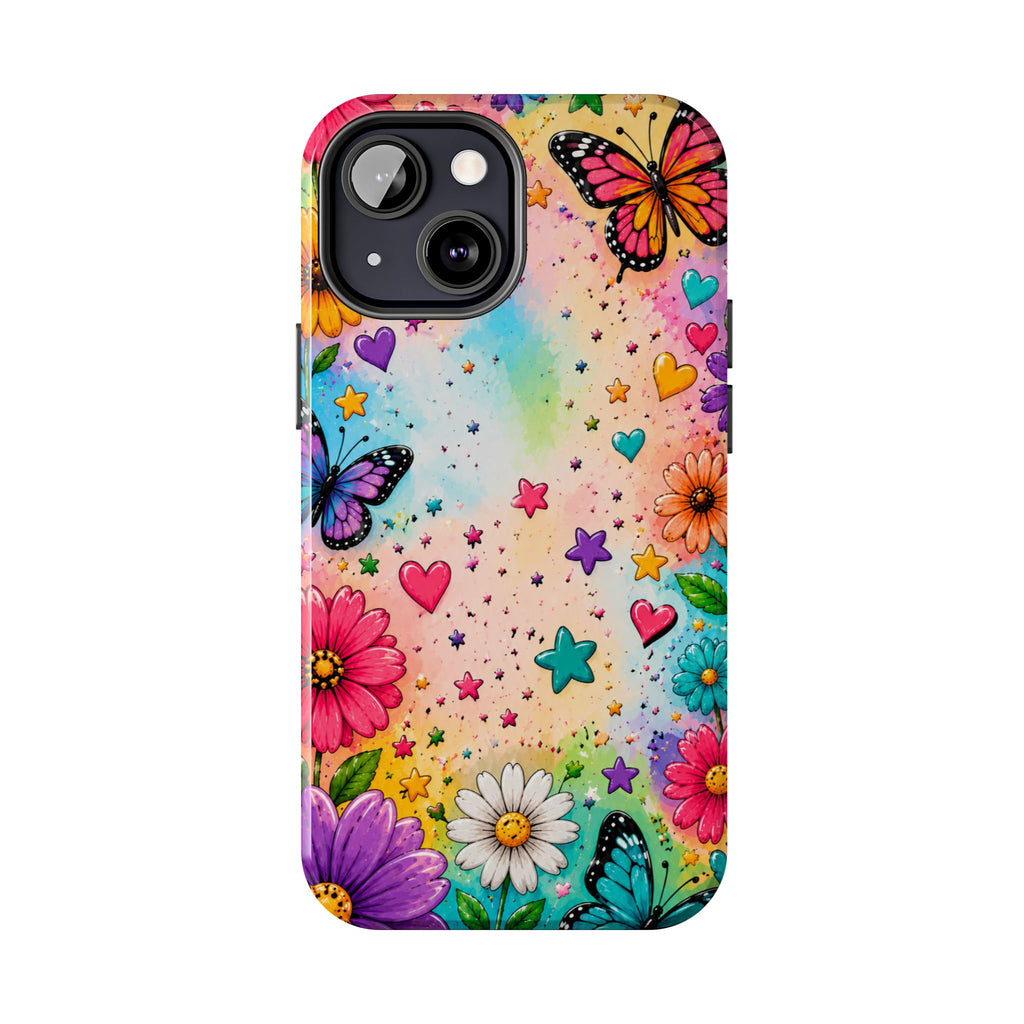 Colorful Butterflies and Flowers Tough Phone Case | Rainbow Hearts Stars