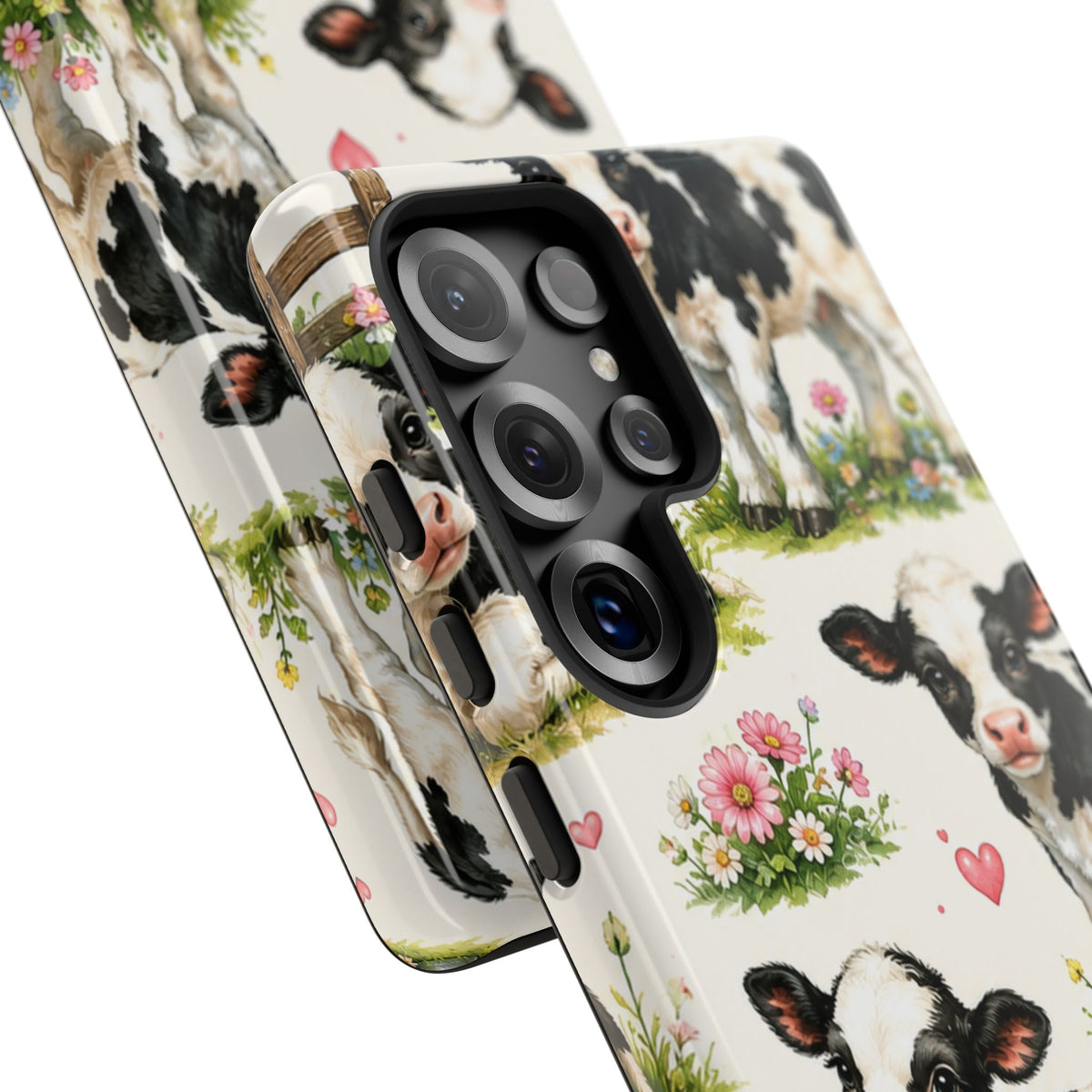 Cute Calf Pattern Phone Case – Pastel Cow Hearts & Flowers Protective Cover