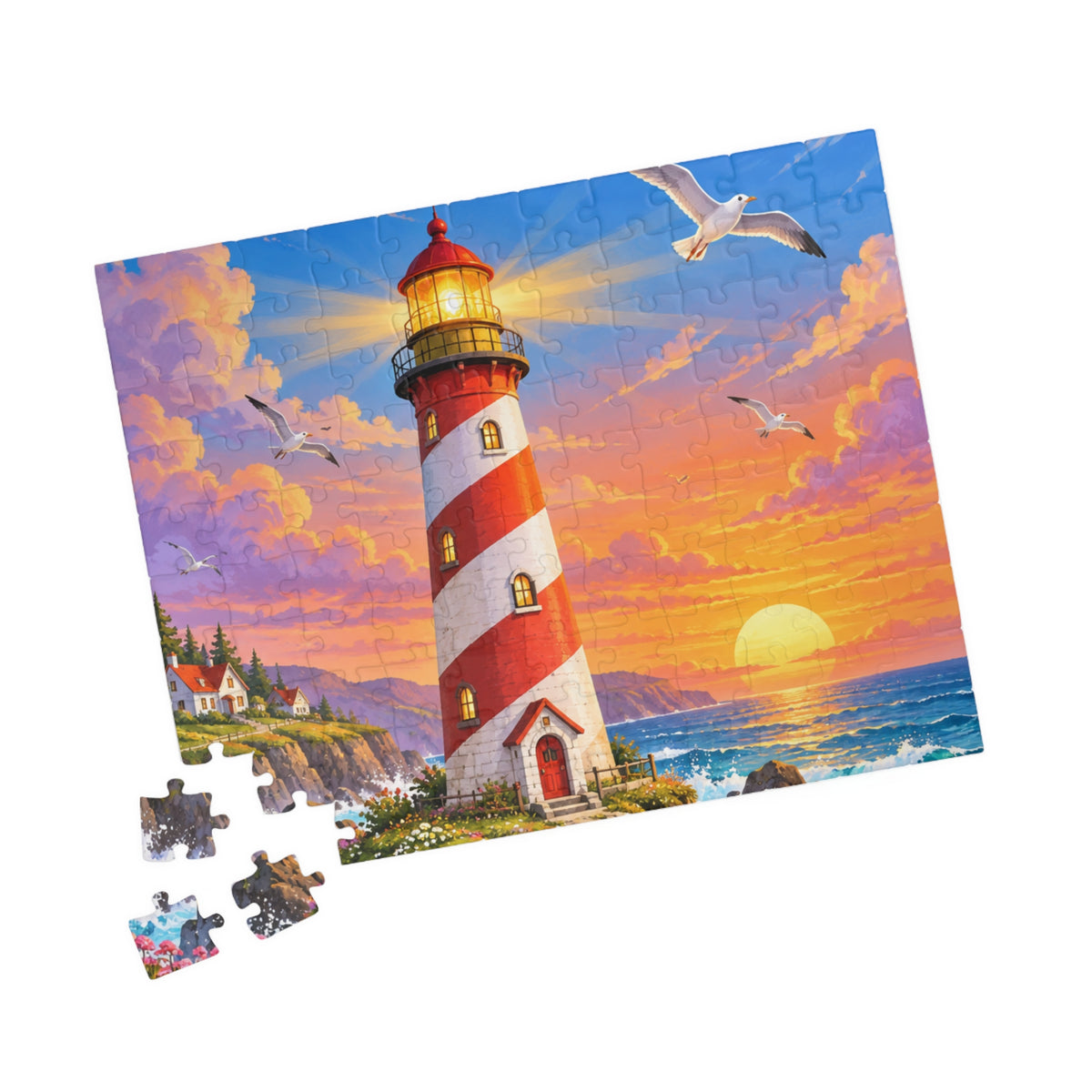 Lighthouse Sunset Seaside Puzzle 520-Piece | Scenic Ocean Jigsaw