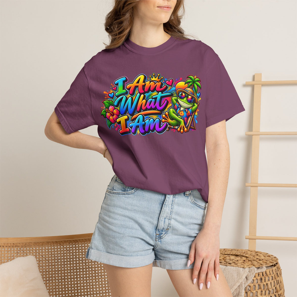 T-Shirt — "I Am What I Am" Colorful Tropical Frog Graphic Tee