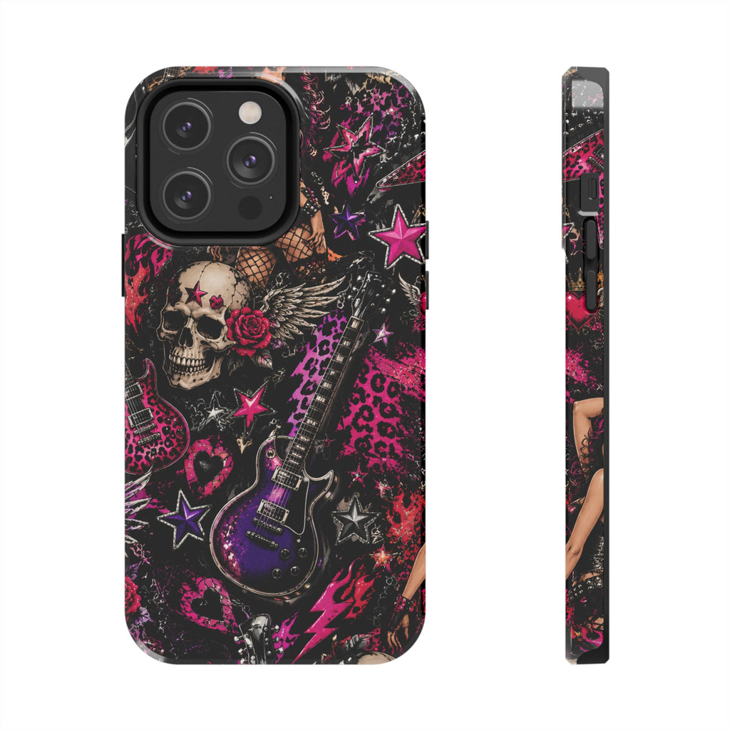 Rock Skull Guitar Phone Case — Edgy Pink Skull & Roses Tough Phone Case