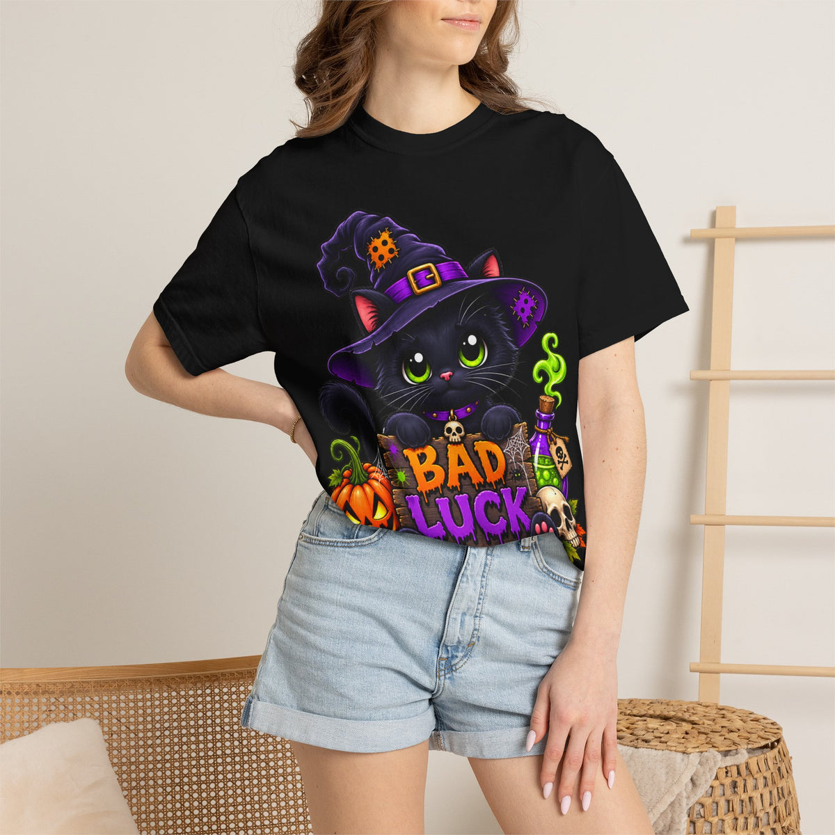Black Witch Cat 'Bad Luck' T-Shirt | Halloween Pumpkin Skull