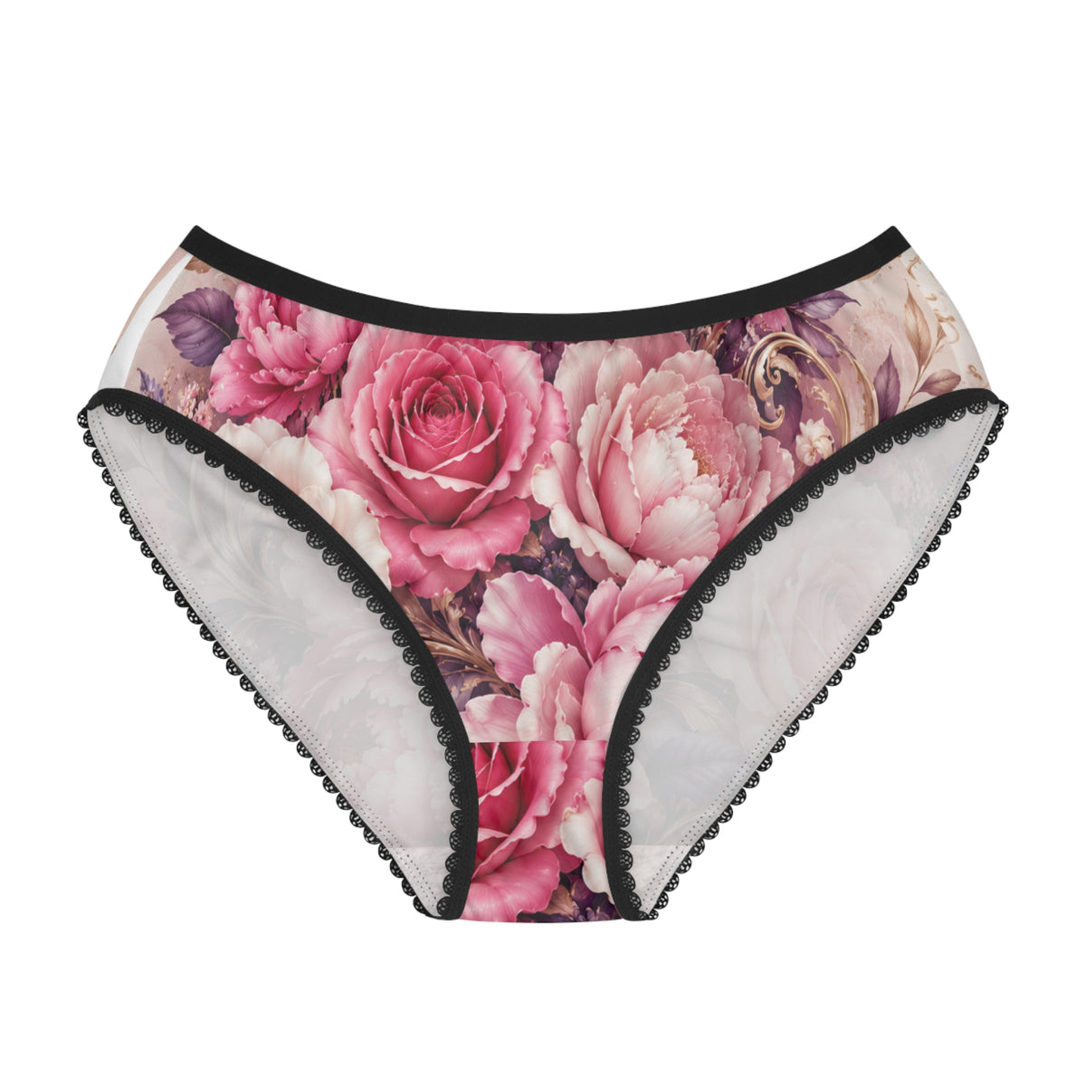 Floral Lace-Trim Women's Briefs — Pink Vintage Rose All-Over Print