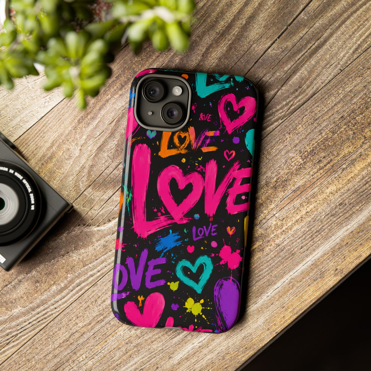 Phone Case — Neon Graffiti "Love" Hearts Protective Tough Case