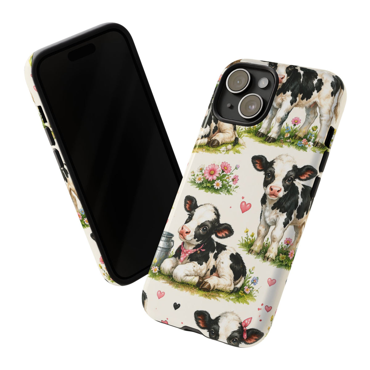 Cute Calf Pattern Phone Case – Pastel Cow Hearts & Flowers Protective Cover