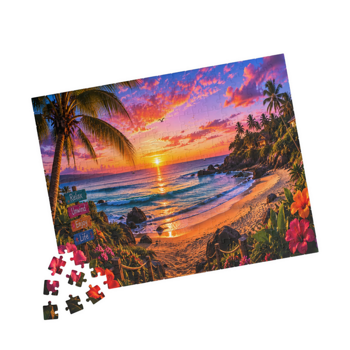 Tropical Sunset Beach Jigsaw Puzzle — Scenic Ocean View 110/252/520/1014-Piece