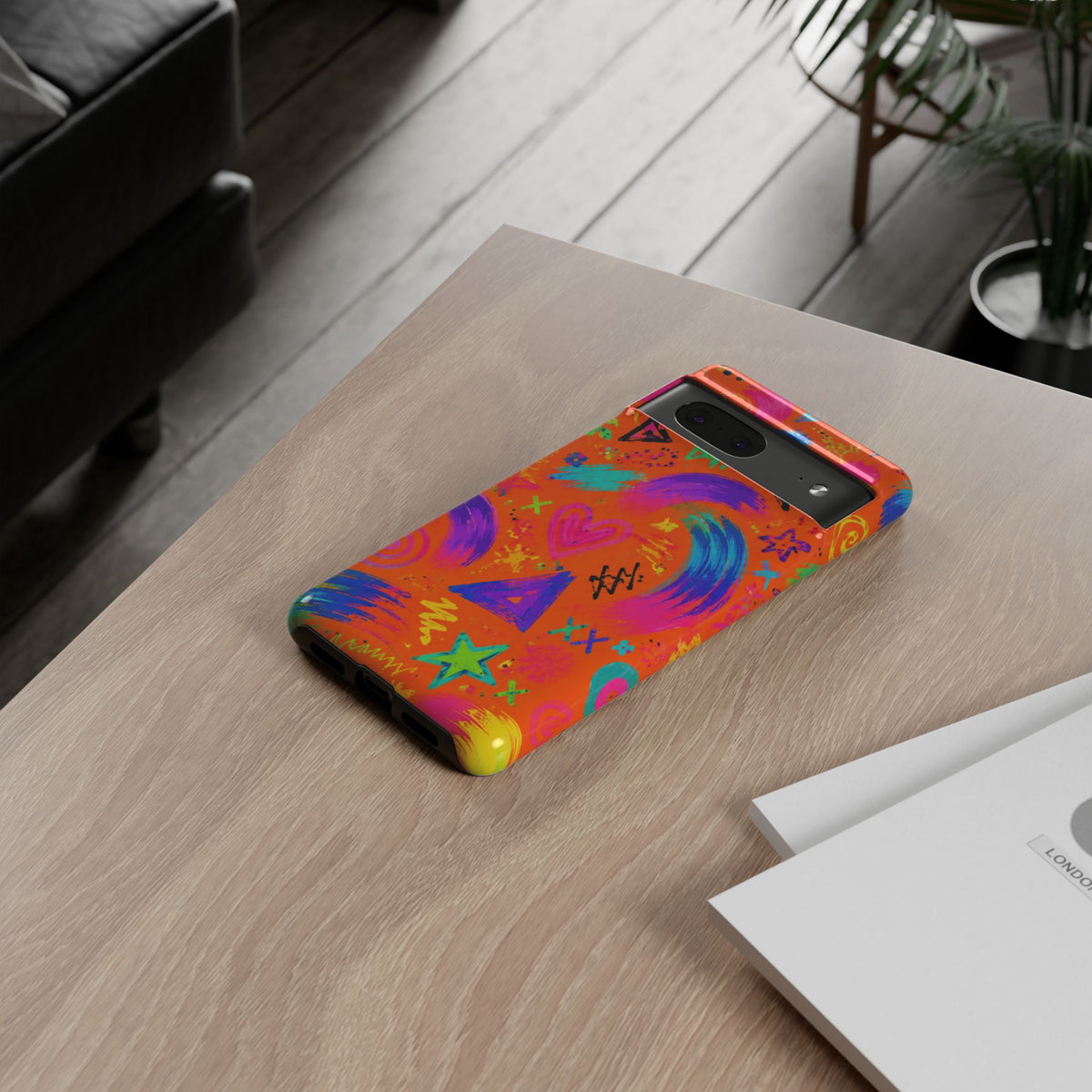 Colorful Neon Doodle Phone Case — Bright Abstract Stars & Hearts Tough Case